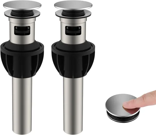 Hibbent Paquete de 2 Desagües de Lavabo de Baño de Metal con Rebosadero, Tapón Emergente Desmontable, Colador de Lavabo de Tocador de Acero Acabado