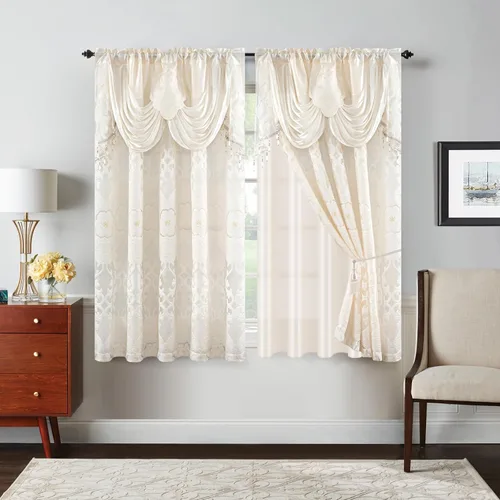 Miniatura 23 de Petrichor Cortinas de gasa jacquard transparente borgoña (54 pulgadas de ancho x 63 pulgadas de largo), 2 paneles con cenefa adjunta, diseño floral