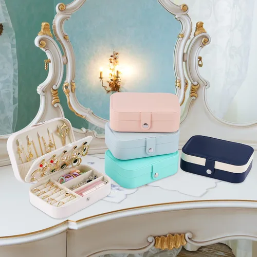 Miniatura 6 de Joyero de viaje, organizador de joyas pequeño de piel sintética para mujeres y niñas, mini estuche de viaje portátil de doble capa, cajas