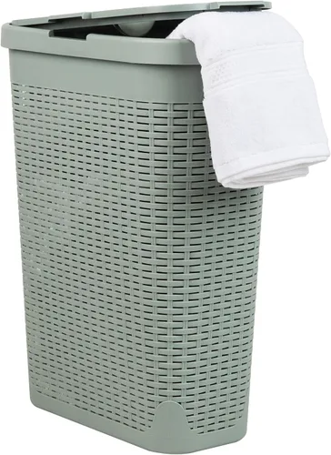 Miniatura 10 de Mind Reader Cesta de lavandería delgada con tapa, cesta de ropa de 40 L, diseño de mimbre premium, plástico, azul bebé