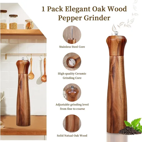 Miniatura 2 de 1 paquete – Molinillo de pimienta de madera de acacia de 10 pulgadas de alto o molino de sal elegante molino de pimienta de madera con un rotor