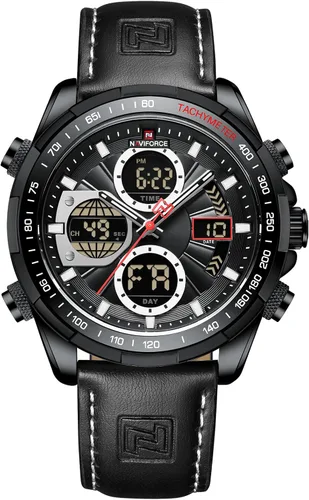 NAVIFORCE Relojes militares digitales para hombre, reloj analógico de cuarzo, resistente al agua, deportivo, multifuncional, correa de cuero, reloj