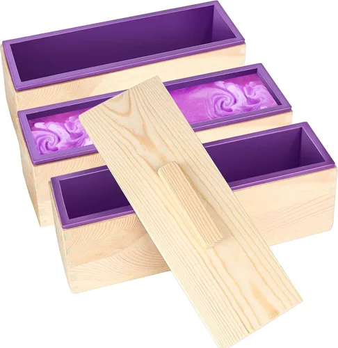 Miniatura 5 de ZOENHOU 3 moldes de jabón de 42 onzas, kit de moldes de silicona rectangulares flexibles para hacer jabón con caja de madera, juego de herramientas