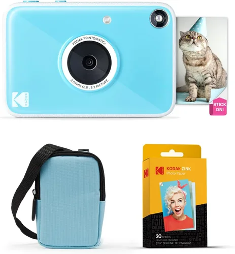 KODAK Printomatic+ Paquete Inicial de Cámara Digital de Impresión Instantánea + Estuche de Transporte (Azul) + Papel Fotográfico Adhesivo Zink de 20