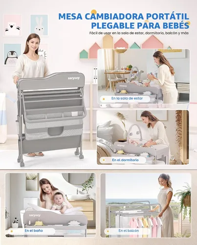 Miniatura 6 de Cambiador de bebé plegable versátil, estación de cambio de pañales impermeable, altura ajustable con 2 cajones, estación de cambio de bebé