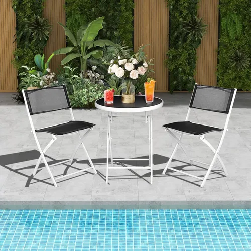 Miniatura 3 de HAPPYGRILL Juego de 3 piezas de bistró plegable para patio, juego de silla y mesa plegable al aire libre con tela transpirable, mesa de vidrio Negro