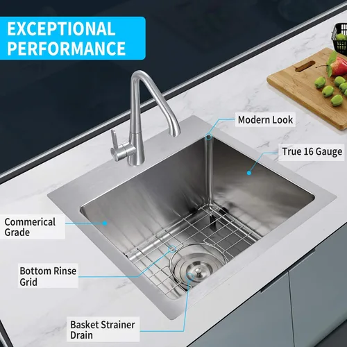 Miniatura 4 de YSSOA Fregadero de cocina con estación de trabajo de montaje superior, calibre 20, tazón individual con 3 accesorios