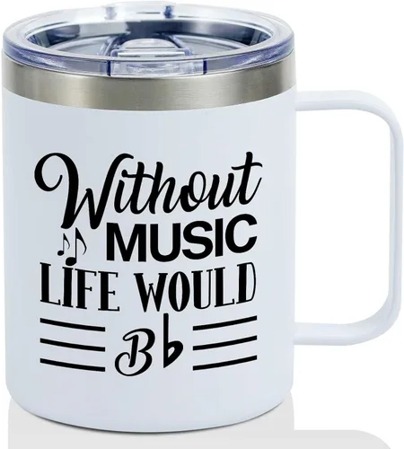 Miniatura 8 de Onebttl Regalos para Amantes de la Música para Hombres, Masculino, Para Él - Sin Música la Vida Sería Plana - 12 oz / 350 ml Tazas Aisladas con Tapa