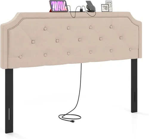 Miniatura 22 de Giantex Cabecero tapizado de lino para marco de cama Full y Queen, cabecero capitonado con botones de ancho ajustable solamente con patas de madera