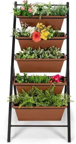 Miniatura 8 de Giantex Maceta vertical elevada, camas de jardín elevadas con orificio de drenaje de agua, cajas independientes de 5 contenedores para cultivo
