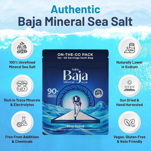 Miniatura 3 de Saltix Baja Mineral Fine Grind - Paquete de sal marina – Bolsa de 8 onzas + 5 paquetes para llevar (1 onza cada uno), bolsa resellable, 100%