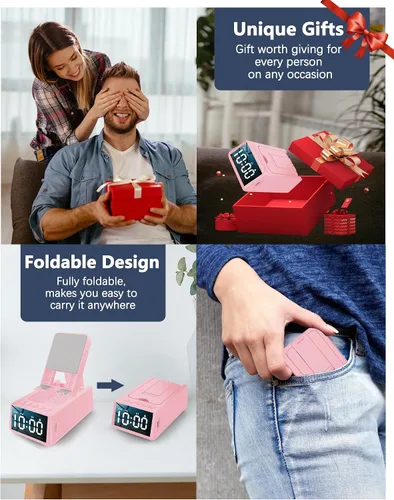 Miniatura 7 de Regalos de cumpleaños para mujeres, soporte de teléfono con altavoz Bluetooth con sonido y reloj HD, soporte inalámbrico ajustable para teléfono Rosa