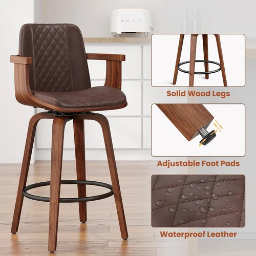 Miniatura 5 de YaFiti - Taburetes de bar giratorios, taburetes de bar tapizados de 26" de altura de mostrador con patas de madera y respaldos, sillas de bar de PU
