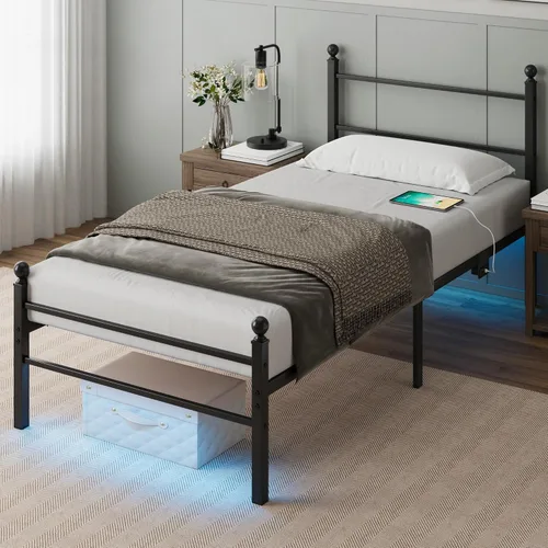 Miniatura 9 de Base de cama tamaño Queen con cabecero, plataforma de metal con luces LED, estación de carga, almacenamiento debajo de la cama y soporte de listones