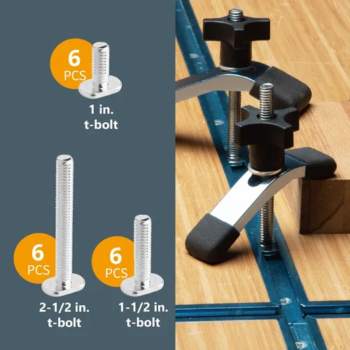 Miniatura 4 de POWERTEC 71173 Kit de perilla de riel en T, pernos roscados y arandelas 1/4-20, juego de 46 piezas, pernos de riel en T, accesorios de riel en T