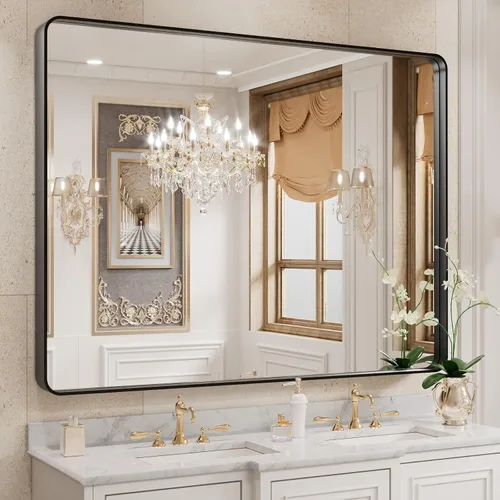 Miniatura 107 de WEER - Espejo de baño dorado, espejo de 40x32 pulgadas con marco de metal dorado cepillado, espejo de tocador de baño de oro para pared