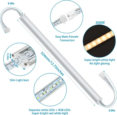 Miniatura 2 de Litever Paquete de 6 barras de luz LED RGBW adicionales para debajo del gabinete, kit de iluminación LED RGBW serie LL-029. 4 W/tira. 12 VCC. 3000K