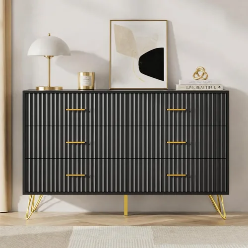 Miniatura 4 de JOZZBY Cómoda acanalada para dormitorio, cómoda negra de 6 cajones con asas doradas, cómodas de almacenamiento modernas y cómodas para pasillo