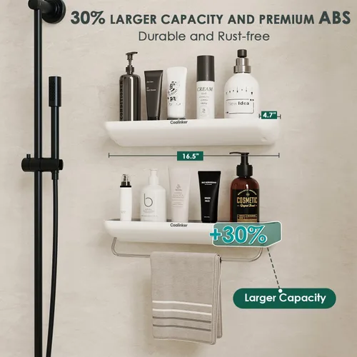Miniatura 5 de Estante de ducha con toallero, organizador de baño moderno, autoadhesivo, resistente, se adhiere a la pared, sin perforaciones, plástico inoxidable
