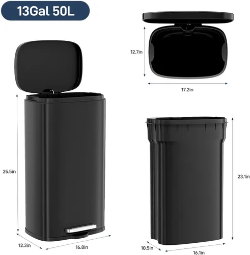 Miniatura 2 de Arlopu Cubo de basura de acero inoxidable de 13.2 galones, cubo de basura de cierre suave con cubo interior de plástico extraíble, a prueba de Negro