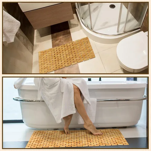 Miniatura 3 de Barydat Juego de 2 tapetes de baño de bambú para bañera larga y grande, antideslizante, tapete de ducha de bambú, tapete de madera impermeable