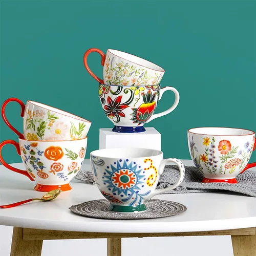 Miniatura 3 de CHOOLD Elegante taza de café grande de cerámica pintada a mano con patrón floral para té y leche, taza de cereales para cocina, cena, 15 onzas