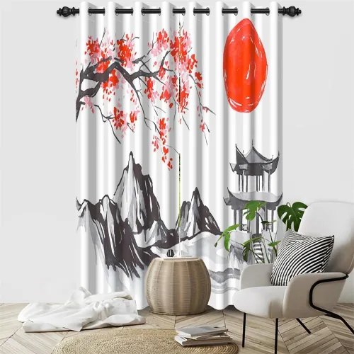 Miniatura 80 de Cortinas japonesas con pintura de tinta, monte Fuji, sol rojo, puesta de sol, hojas de bambú, cortinas de ventana para dormitorio, sala de estar