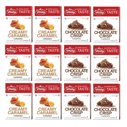 Miniatura 7 de Vitalp Taste, hecho en Suiza, caramelo duro sin azúcar con Stevia, vegano, sabor a caramelo cremoso, paquetes de 25g/0.88 onzas, 16 cajas
