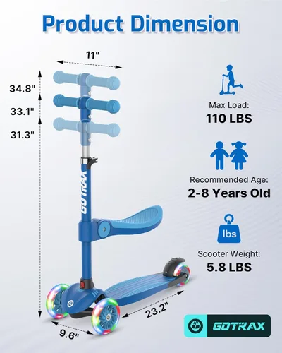 Miniatura 9 de Gotrax KS3 - Patinete para niños, ruedas iluminadas LED, manubrio de altura ajustable y asiento extraíble, cubierta antideslizante inclinada