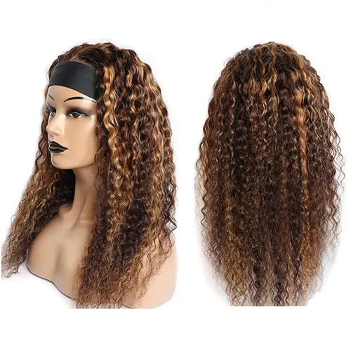Miniatura 2 de SENSAIRUITE Peluca Rizada Ombré con Reflejos Rubio Miel Peluca con Diadema Cabello Humano 12 Pulgadas Onda Profunda Densidad 180% Pelucas