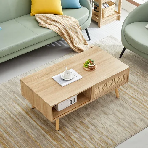 Miniatura 3 de IANIYA Mesa de centro moderna con almacenamiento, mesa rectangular de 41.3 pulgadas con centro de madera con puerta corrediza tejida de ratán PE