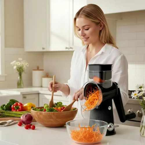 Miniatura 2 de Rallador rotativo de queso con asa, triturador de verduras con 5 cuchillas y base de succión fuerte, rebanador redondo y picador de alimentos