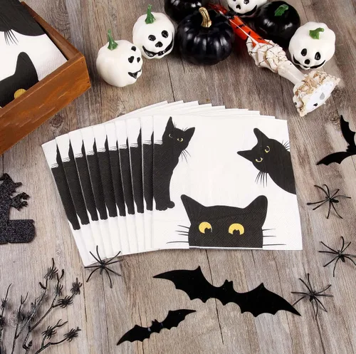 Miniatura 3 de Quera Paquete de 50 servilletas de papel desechables de gato negro, suministros para fiestas, servilletas de papel de Halloween, servilletas