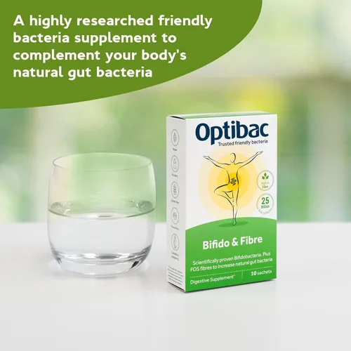 Miniatura 2 de Optibac Probióticos en polvo con bifidobacterias y fibra, 30 sobres 25 mil millones de UFC + 0.14 oz de fibra FOS Mezcla vegana de probióticos