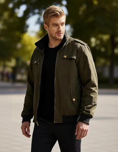 Miniatura 3 de Wantdo Chaqueta militar para hombre, chaqueta bomber casual, cuello alto, chaqueta de lona cortavientos
