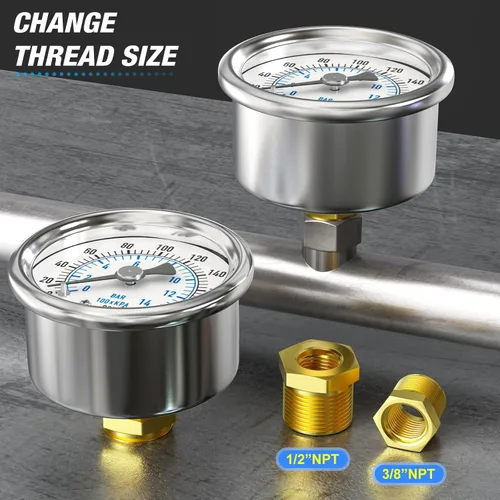 Miniatura 3 de MEANLIN MEASURE Medidor de presión en seco de acero inoxidable de 0 ~ 200 psi, esfera de cara NPT de 2 pulgadas, impermeable para compresor de aire