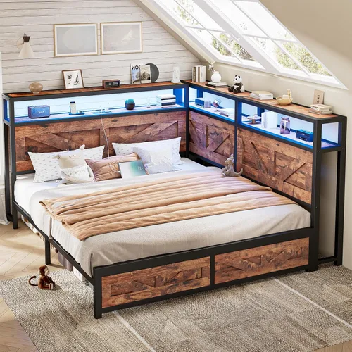 Miniatura 9 de CIKUNASI Marco de cama esquinero de tamaño matrimonial con cabecero y marco de almacenamiento de cama de granja con luces LED y estación de carga