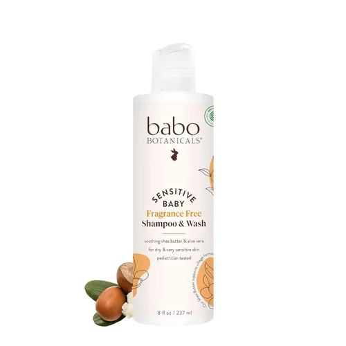Babo Botanicals Sensitive Baby Champú y lavado 2 en 1 sin fragancia - Manteca de karité, caléndula y aloe vera - Verificado por EWG - Sin crueldad