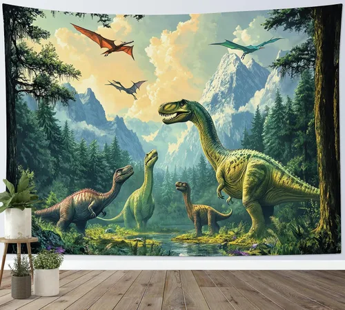 Miniatura 14 de HVEST Tapiz de dinosaurio salvaje y antiguo depredador para colgar en la pared, bosque tropical con árboles verdes y montañas, tapices de pared