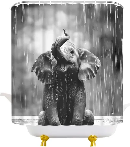 Miniatura 3 de Cortina de ducha con diseño de elefante, diseño de animales salvajes, diseño de gotas de lluvia, tela gris, con ganchos, 35 pulgadas de ancho x 70