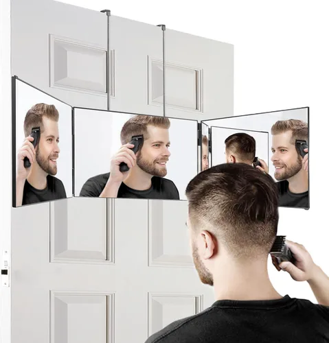 Espejo de 3 vías, espejo 360 para corte de cabello, ajustable y plegable, espejo de peluquero triple con ganchos telescópicos, accesorios de