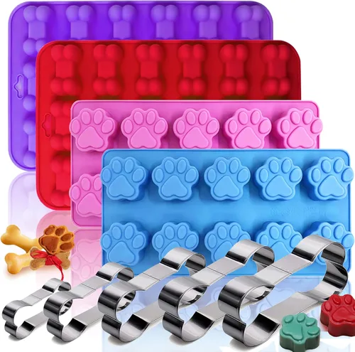 Juego de 9-4 moldes de silicona para patas y huesos de cachorro, moldes de silicona para perros y 5 cortadores de galletas de hueso de acero morado