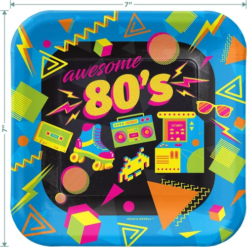 Miniatura 3 de HOME & HOOPLA Suministros para fiestas de los 80 - Platos de postre de papel cuadrados con íconos totalmente geniales de los años 1980 para 16