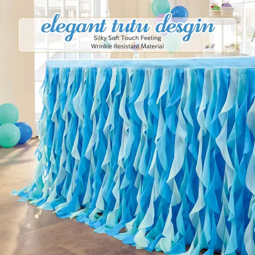 Miniatura 2 de Leegleri - Falda de mesa de tul con volantes de sauce rizado de 6 pies para mesas rectangulares o redondas, falda de mesa tutú azul océano bajo