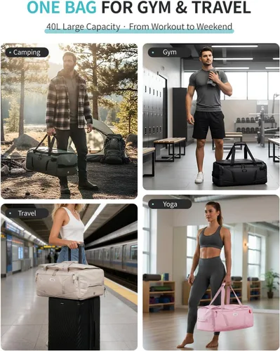Miniatura 2 de ECOHUB Bolsa de gimnasio de 40 L para mujeres y hombres, resistente al agua, bolsa de lona deportiva con compartimento para zapatos y bolsillo