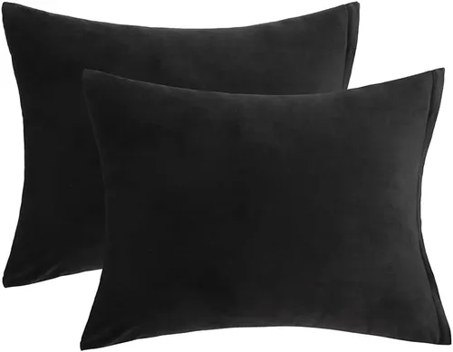 Fundas de almohada estándar de terciopelo con cremallera oculta, suaves y acogedoras, fundas de almohada de franela con cremallera (juego de 2, Negro