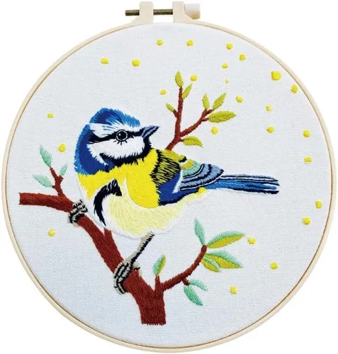 Kits de iniciación de bordado estampado para bricolaje, pájaro azul con patrón para principiantes, aros de tela, hilos de costura, arte de punto de
