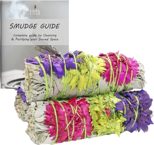 Miniatura 14 de SOUL STICKS Paquete de 3 barras de salvia blanca floral con flores para limpiar el hogar, meditación, yoga, curación y manchas, California de origen