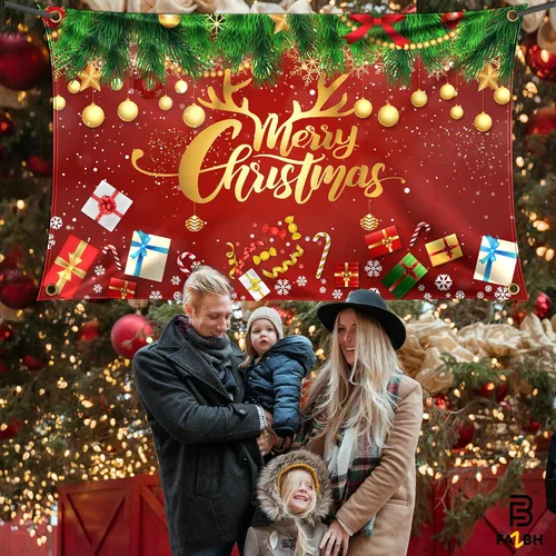 Miniatura 8 de Cartel de Feliz Navidad extragrande de 6 x 4 pies, decoraciones de Navidad rojas y doradas, decoraciones de fiesta de Navidad, fondo de fotos