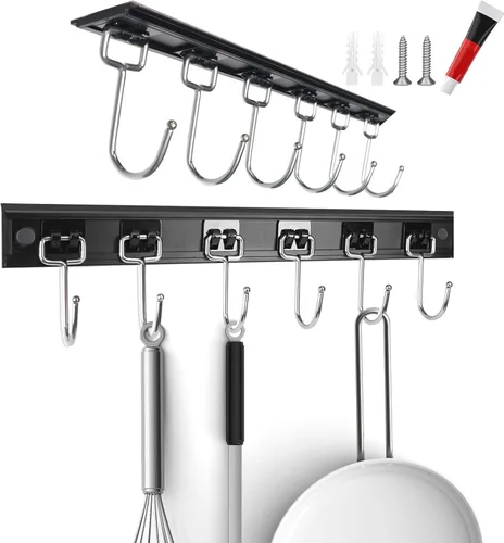 2 piezas Estantes para Utensilios con 6 Ganchos Soporte para Tazas de 11 Pulgadas Debajo del Gabinete Soportes para Utensilios de Cocina Negro